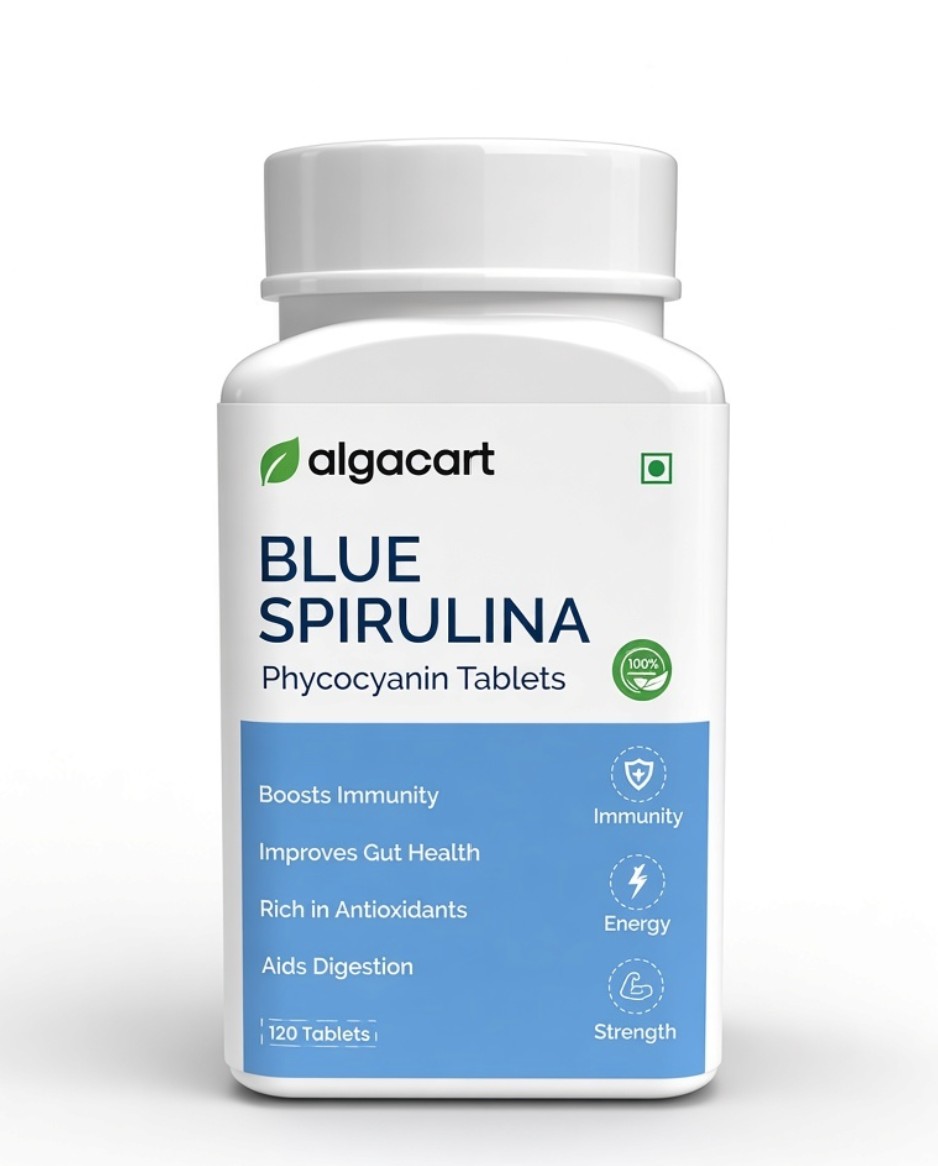 Algacart Spirulina blue tablet (Phycocyanin Coated) - 120 tablets | 100% natural | High protein Supplements